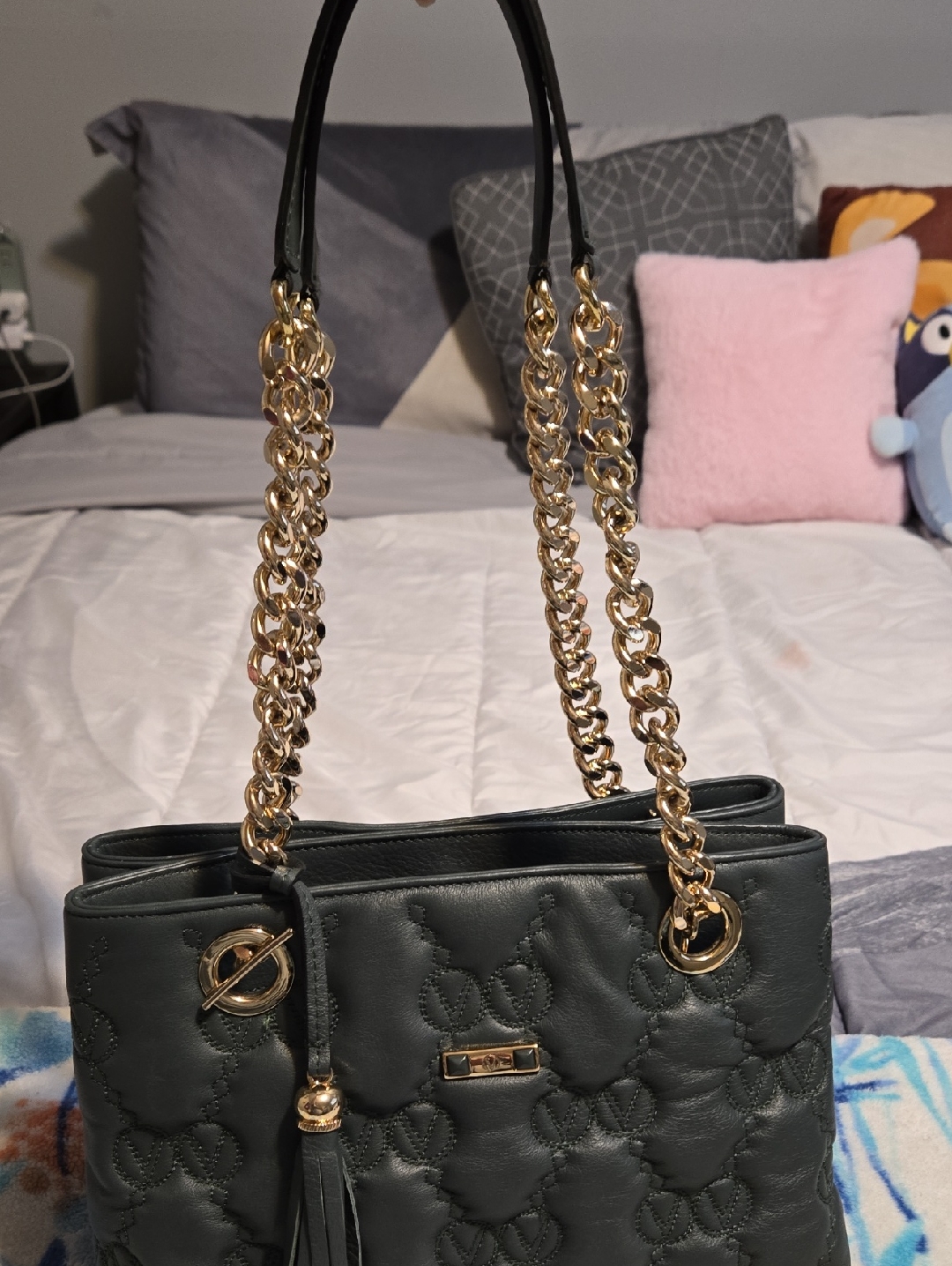 Mario Valentino Black Quilted Shoulder Bag With Gold Chain Straps